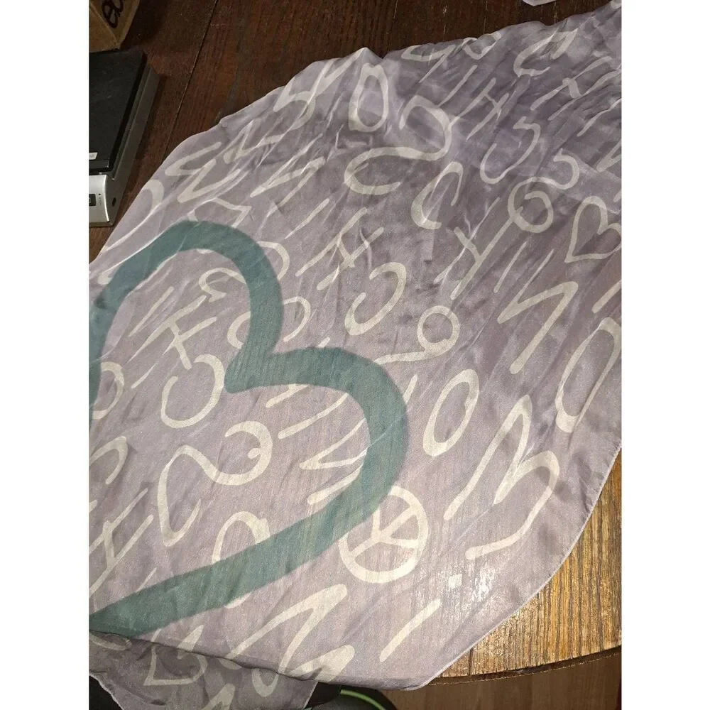 Moschino Silk Purple White Blue Scarf Wrap Logo Peace Sign Heart